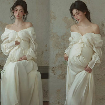 MQTIME  -   Women Maternity Dress for Photography White Elegant Off-shoulder Pregancy Dresses for Studio Photo Shoot Clothing for Photo